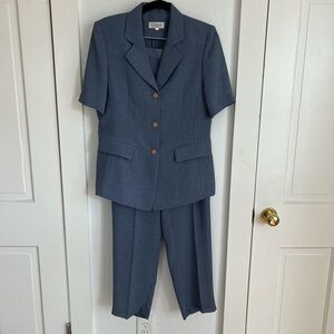 Women's Blue Short Sleeve Suit Set with Button Detail